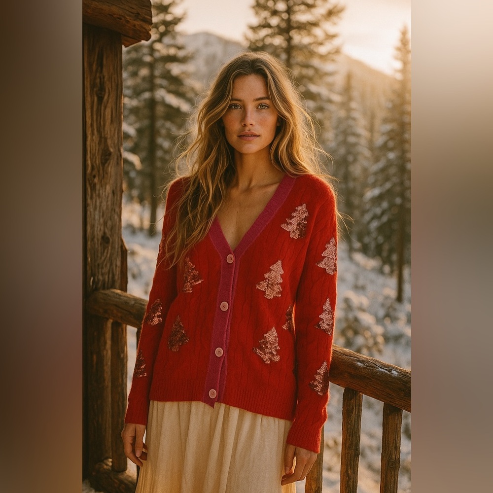 Southern Grace Red Pink Cable‎ Knit Sequin Christmas Tree Cardigan Sweater S/M